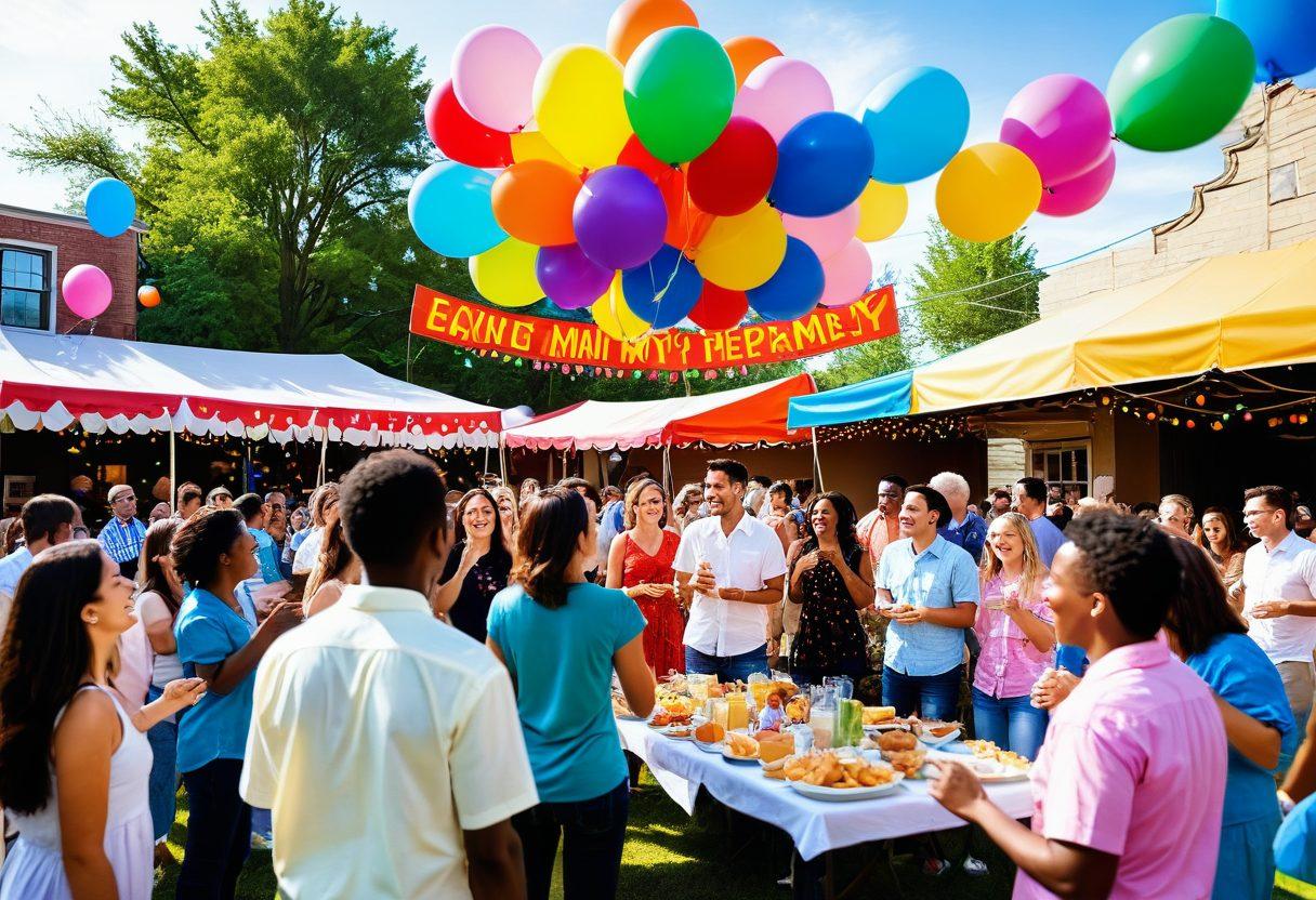 A colorful and lively community gathering scene filled with laughter and joy, featuring diverse groups of people playing games, dancing, and sharing food. Bright balloons and banners adorn the setting, while a stage showcases performers bringing humor and entertainment. The atmosphere is vibrant, radiating fun and playfulness. Enhance the image with a sunny sky and whimsical details like confetti and smiles all around. super-realistic. vibrant colors.