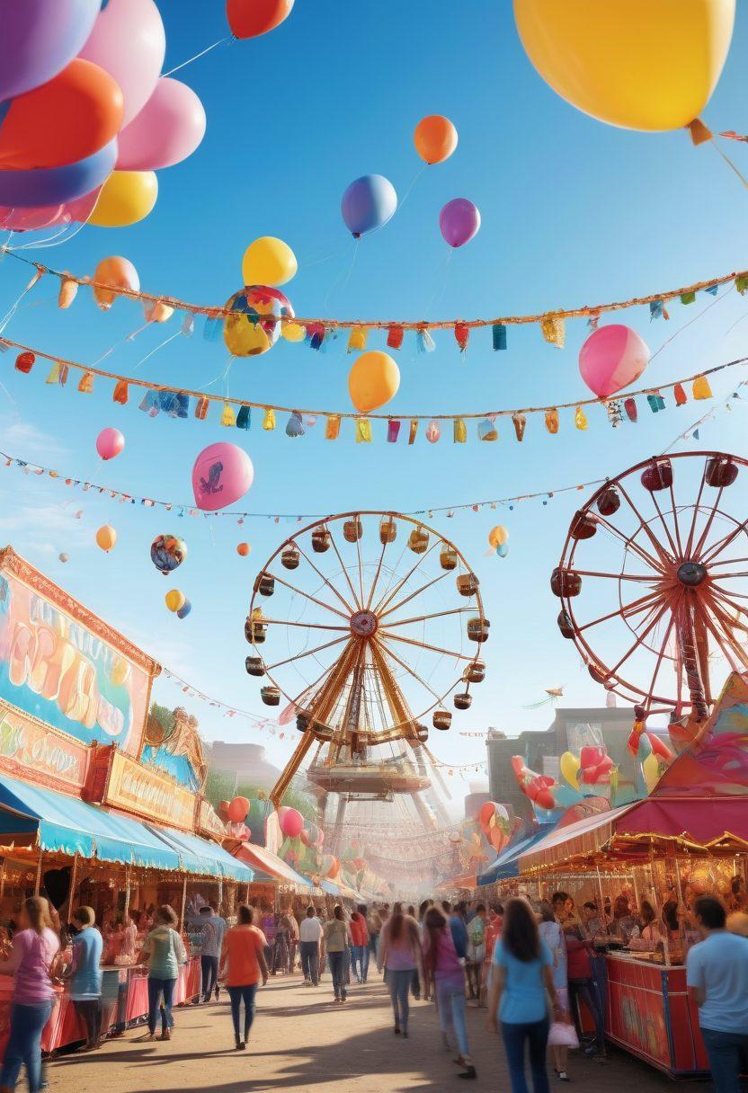 A vibrant outdoor festival scene filled with joyful families enjoying various amusements like colorful carnival rides and game stalls. Children are laughing and playing with balloons, while a cheerful atmosphere is enhanced by colorful banners and string lights overhead. Include a sunny blue sky above, creating a sense of happiness and excitement. super-realistic. vibrant colors. 3D.