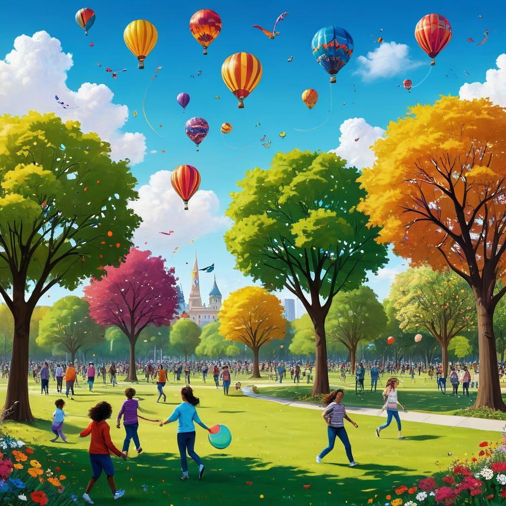 A whimsical scene depicting a group of diverse people laughing and playing together in a colorful park, surrounded by balloons, kites, and playful animals. The atmosphere is lively, capturing moments of joy and camaraderie, with bright flowers and playful doodles scattered throughout. The sky is clear and cheerful, enhancing the playful vibe of the image. cartoonish style. vibrant colors. white background.